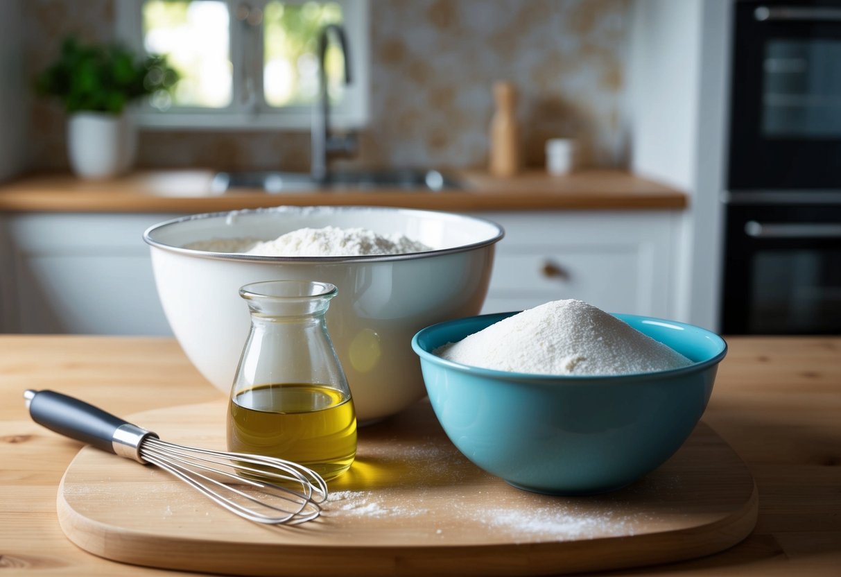 A mixing bowl filled with flour, sugar, and olive oil, next to a whisk and baking pan on a kitchen counter