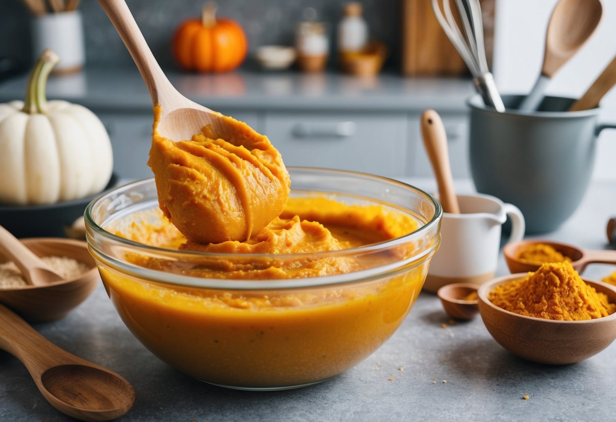 A bowl of pumpkin puree being mixed into a batter, surrounded by baking ingredients and utensils on a kitchen counter