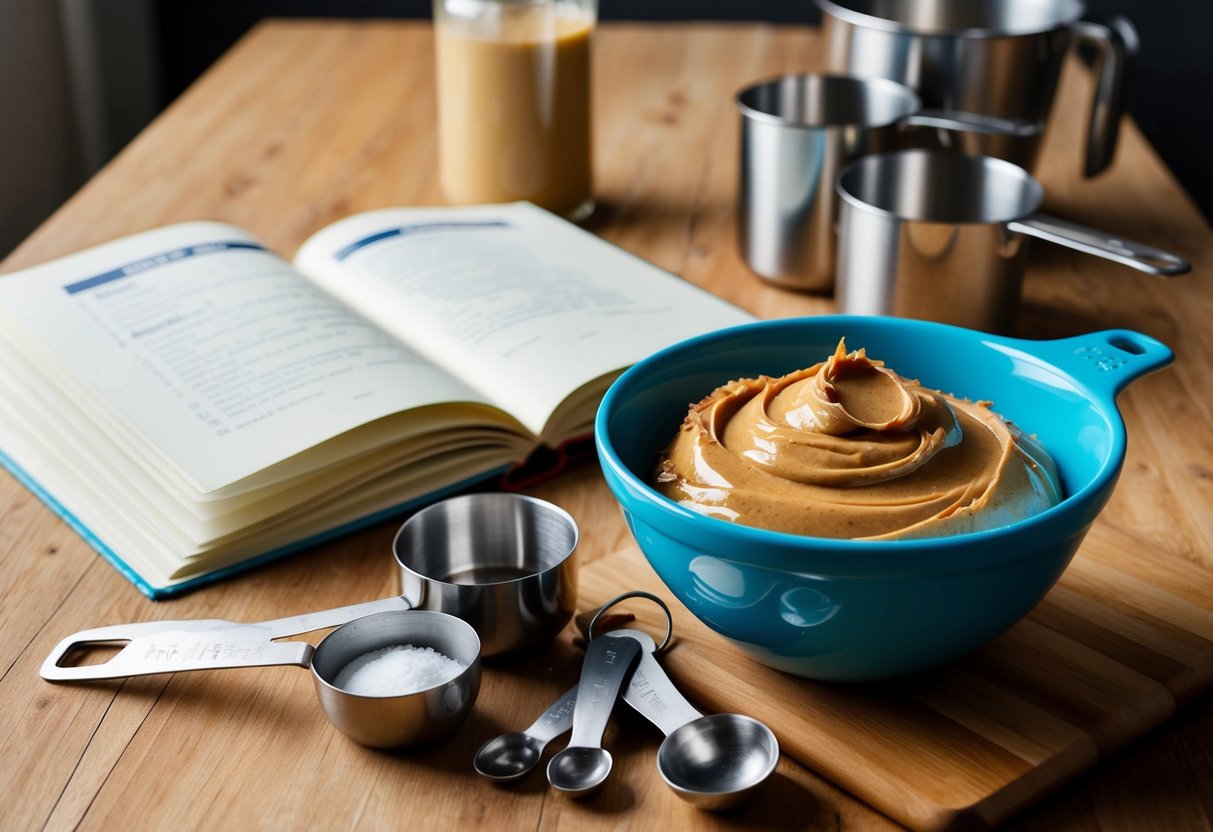 A mixing bowl filled with almond butter and baking ingredients next to a recipe book, surrounded by measuring cups and spoons