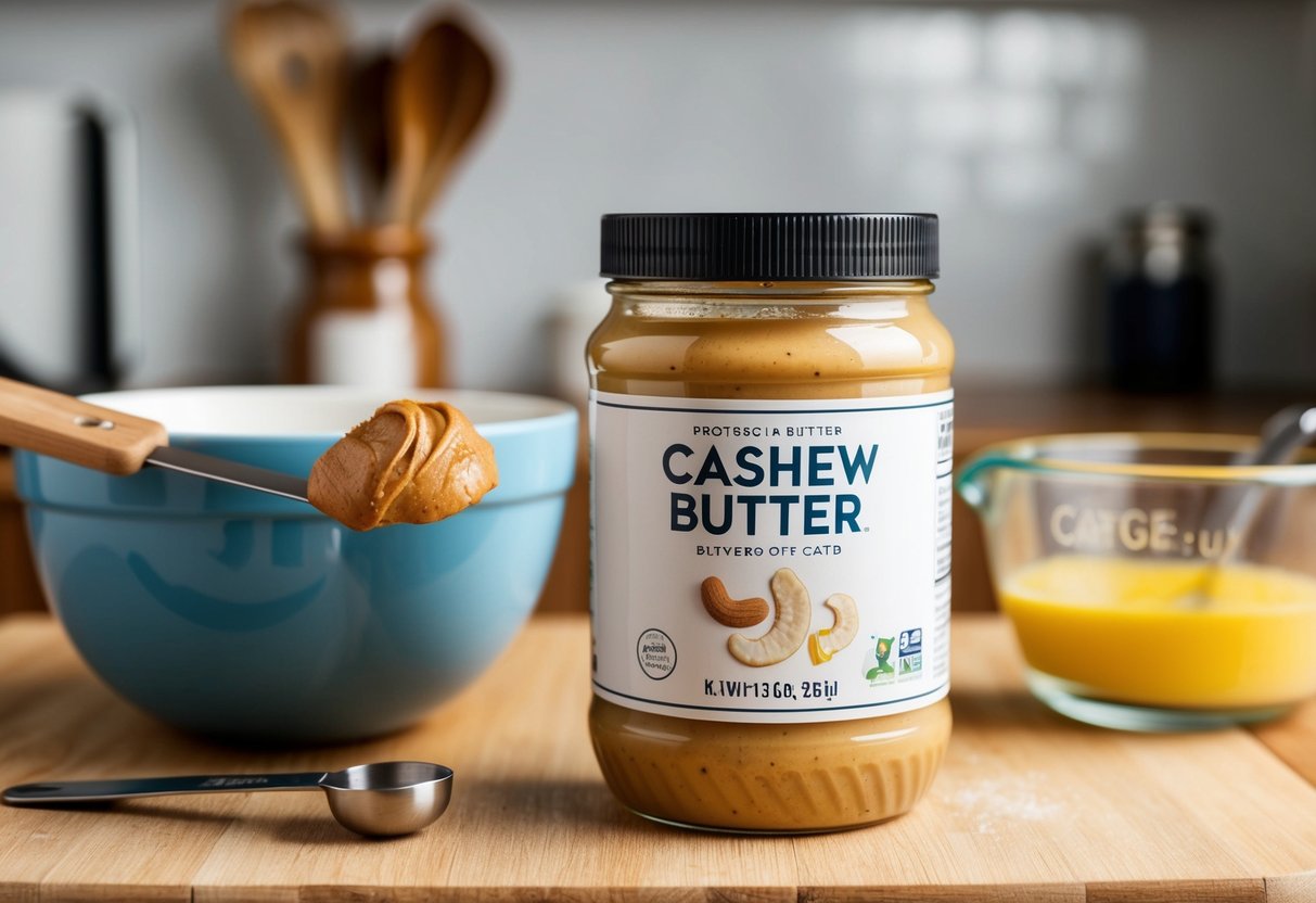 A jar of cashew butter sits on a kitchen counter next to a mixing bowl and various baking ingredients. A spatula is scooping a dollop of cashew butter onto a measuring spoon