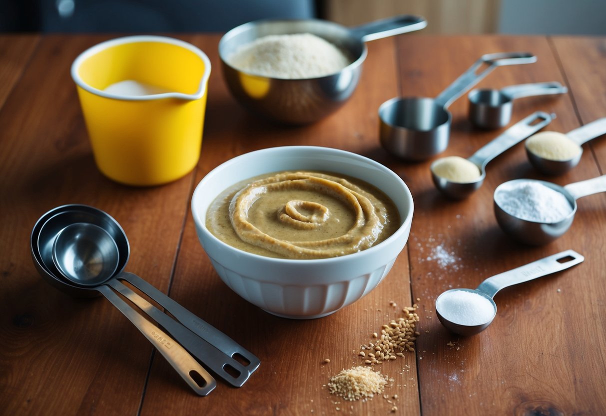 A mixing bowl filled with tahini, measuring spoons, and various baking ingredients arranged on a wooden table