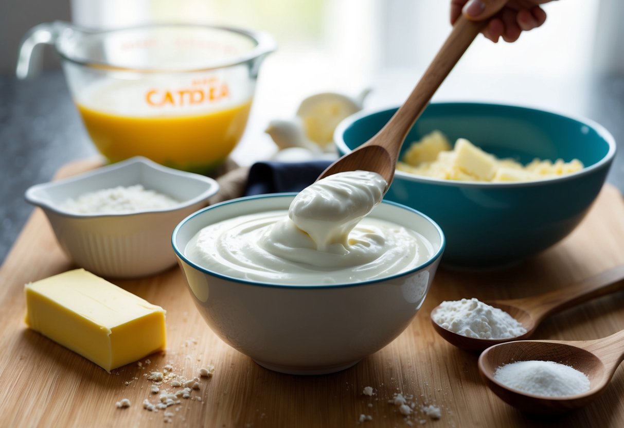 A bowl of Greek plant-based yogurt being used as a substitute for butter in a baking recipe, with ingredients and utensils nearby