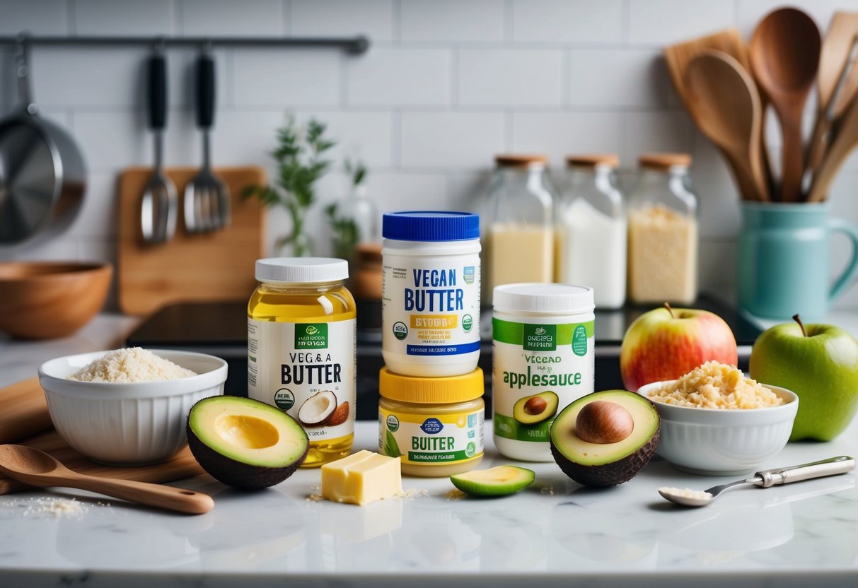 A kitchen counter with various vegan butter substitutes (coconut oil, avocado, applesauce) surrounded by baking ingredients and utensils