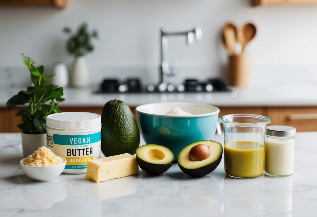 A kitchen counter with a variety of vegan butter substitutes, such as coconut oil, avocado, and applesauce, next to a mixing bowl and baking ingredients