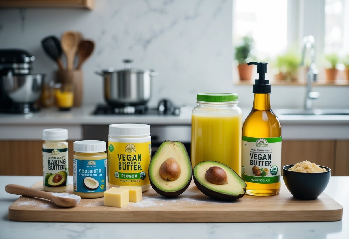 A kitchen counter with various vegan butter substitutes (coconut oil, avocado, applesauce) next to baking ingredients and utensils