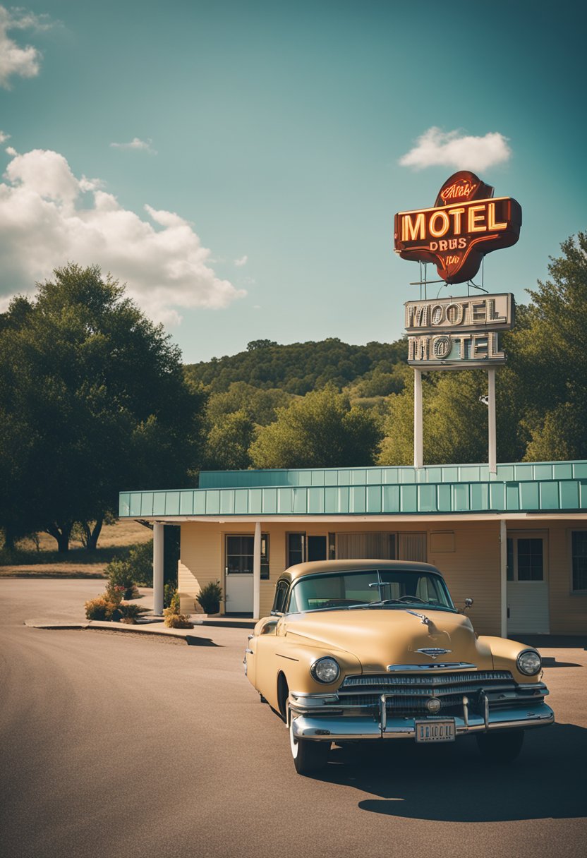 A quaint motel nestled among rolling hills and tall trees, with a vintage neon sign welcoming travelers near Waco, Texas