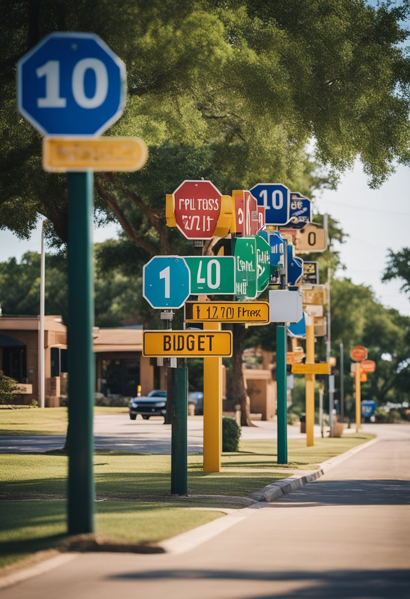 A row of 10 budget hotels with colorful signs and parked cars, nestled among trees, near Waco, Texas