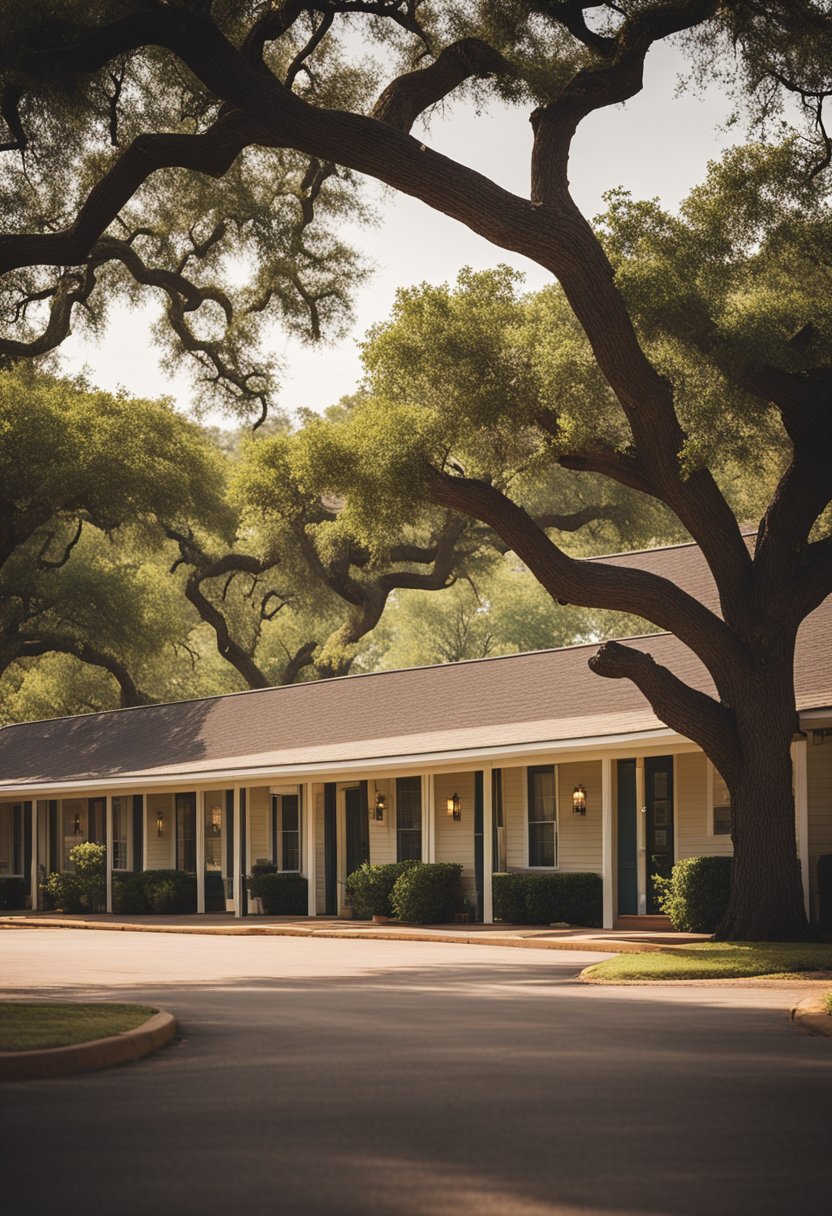 A quaint roadside motel nestled among tall oak trees in the heart of Waco, Texas, offering budget-friendly accommodations for travelers