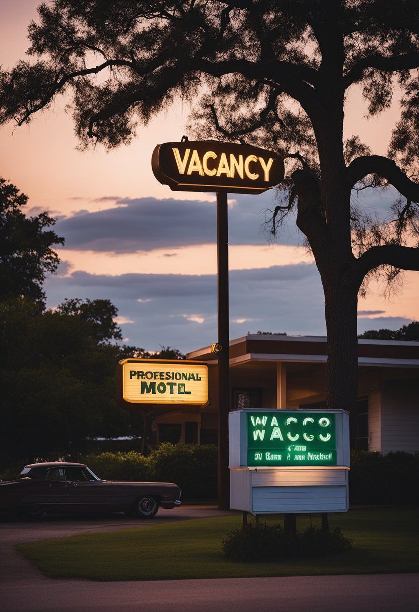 A quaint motel nestled among tall oak trees in Waco, Texas, with a neon "vacancy" sign glowing against the dusk sky