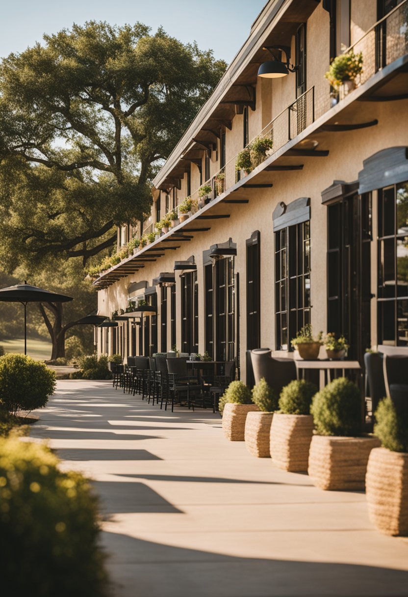 A quaint hotel nestled among rolling hills in Waco, Texas, with a cozy lobby and inviting exterior