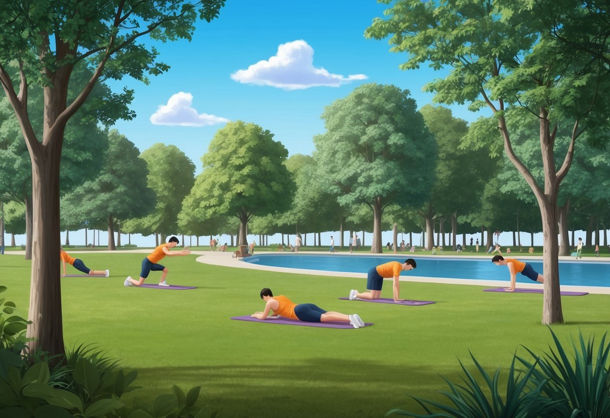 A serene park setting with a person doing various calisthenic exercises, surrounded by trees and a clear blue sky