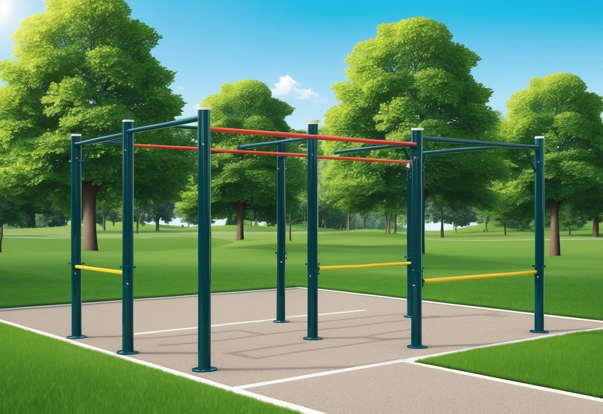 A park with a pull-up bar and parallel bars, surrounded by green trees and a clear blue sky