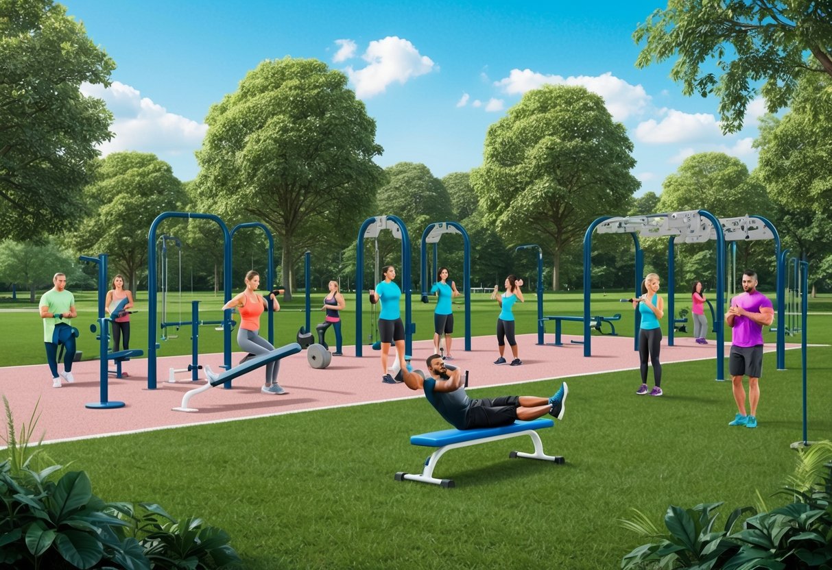 A park with a variety of outdoor fitness equipment surrounded by lush greenery and a clear blue sky, with people of all ages and fitness levels engaging in calisthenics exercises
