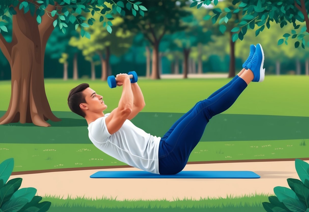 A person performing calisthenics exercises in a park, with proper form and technique, surrounded by greenery and natural elements