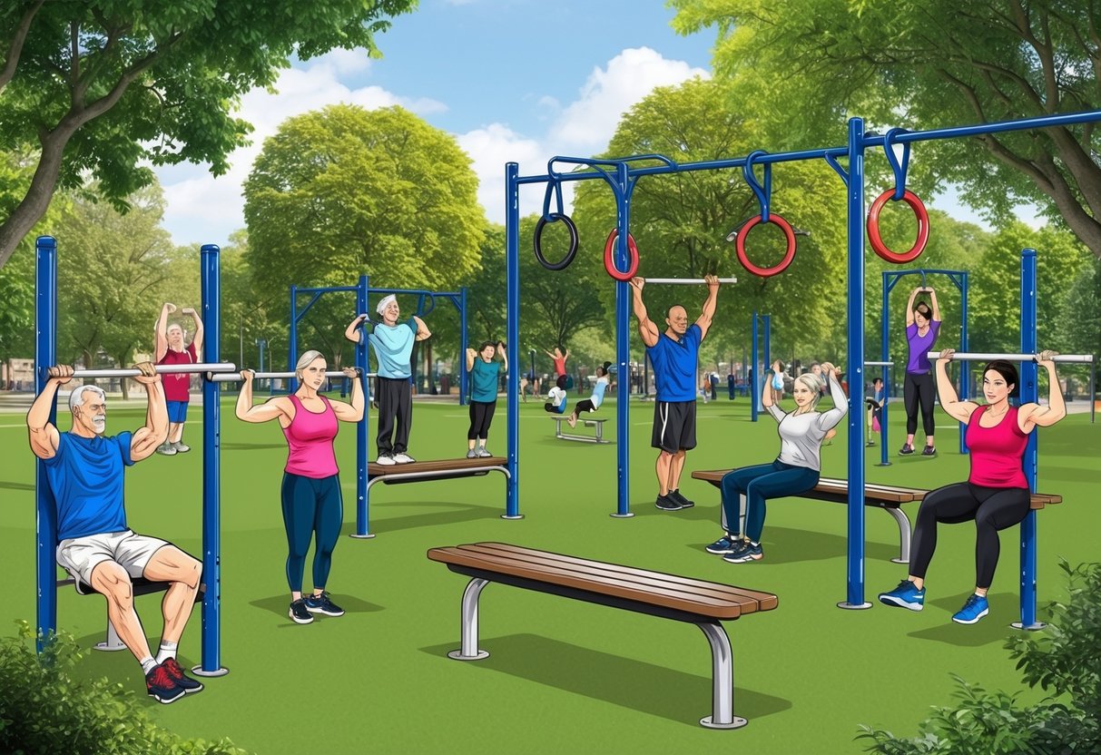 A park with people of various ages and abilities doing calisthenics exercises on bars, rings, and benches, demonstrating the accessibility and inclusivity of calisthenics workouts