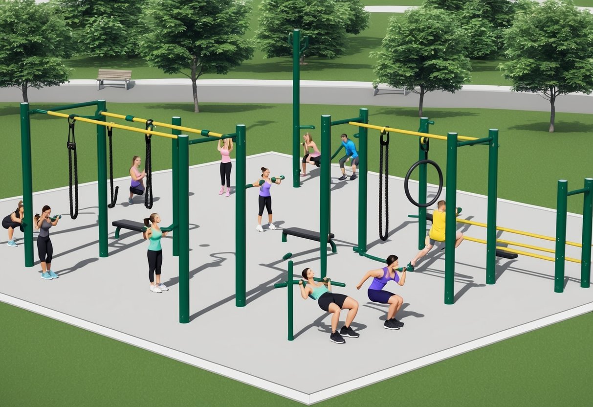 A park with bars, rings, and ropes for calisthenics. People of all ages and fitness levels are using the equipment for resistance workouts