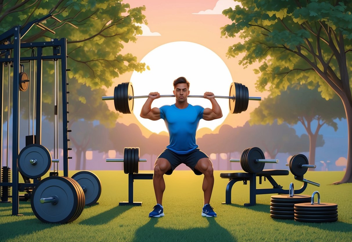 A person performing calisthenics in a park, surrounded by gym equipment and weights. The sun is setting, casting a warm glow over the scene