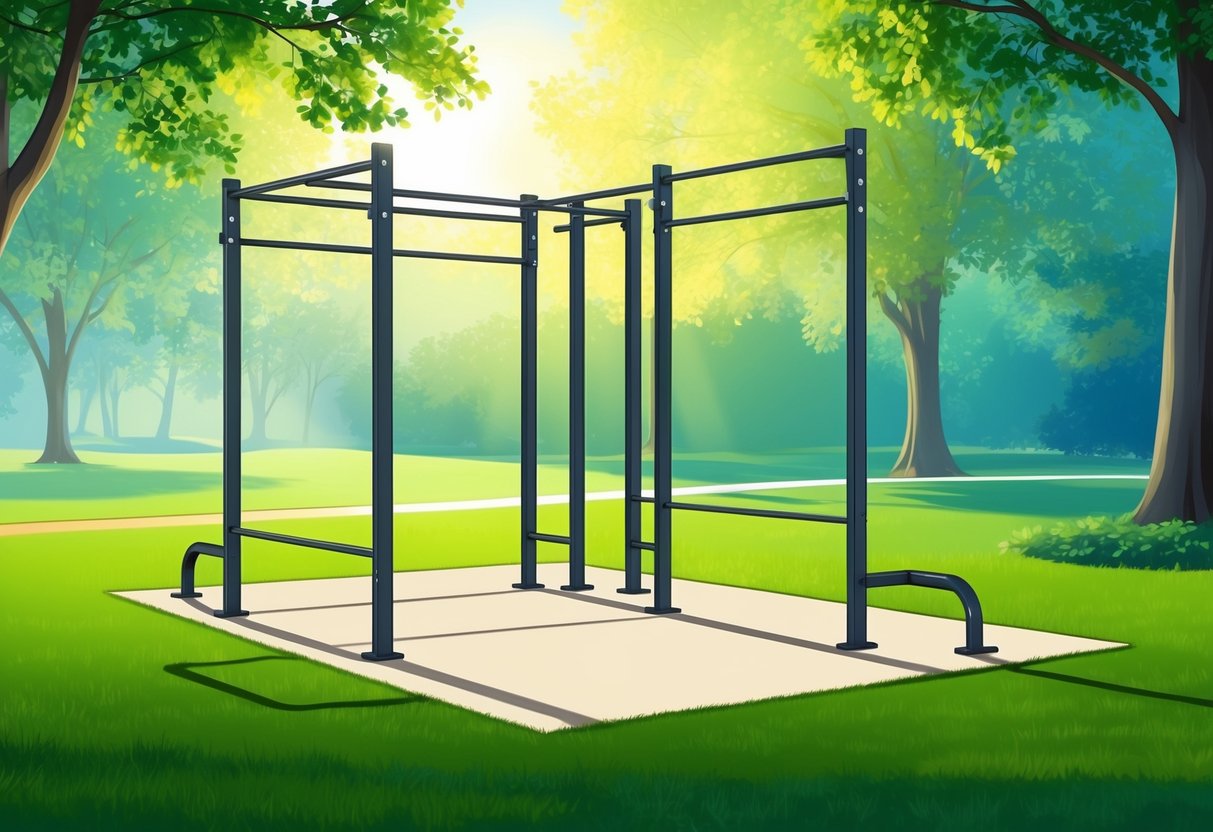 A serene park setting with a pull-up bar, parallel bars, and a flat grassy area for bodyweight exercises. Sunlight filters through the trees, creating a peaceful atmosphere for calisthenics training