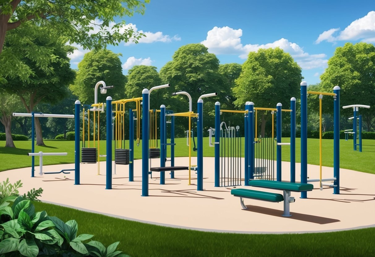 A park with various exercise bars and equipment, surrounded by lush greenery and a clear blue sky