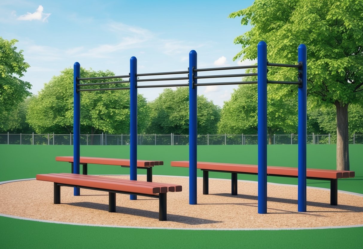 A simple outdoor park with pull-up bars, parallel bars, and a sturdy bench for beginners to practice calisthenics