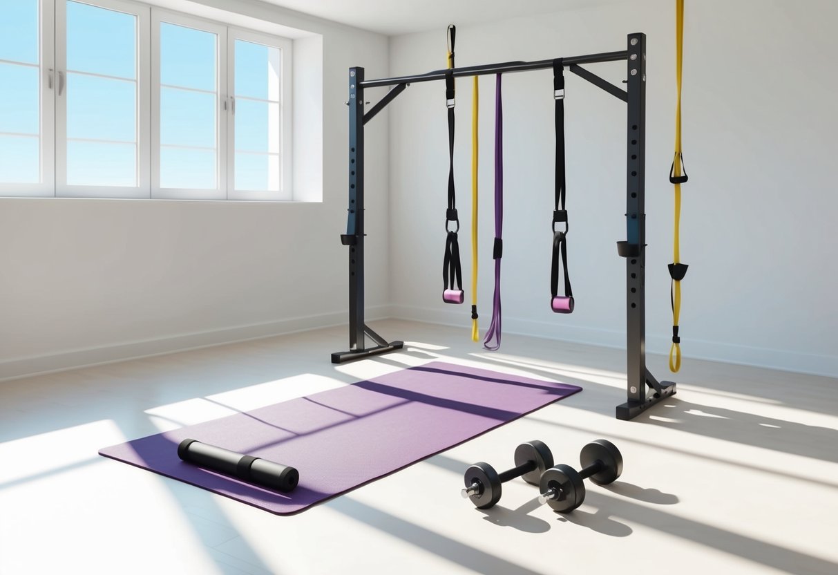 A bright, spacious room with a yoga mat, resistance bands, a pull-up bar, and adjustable dumbbells