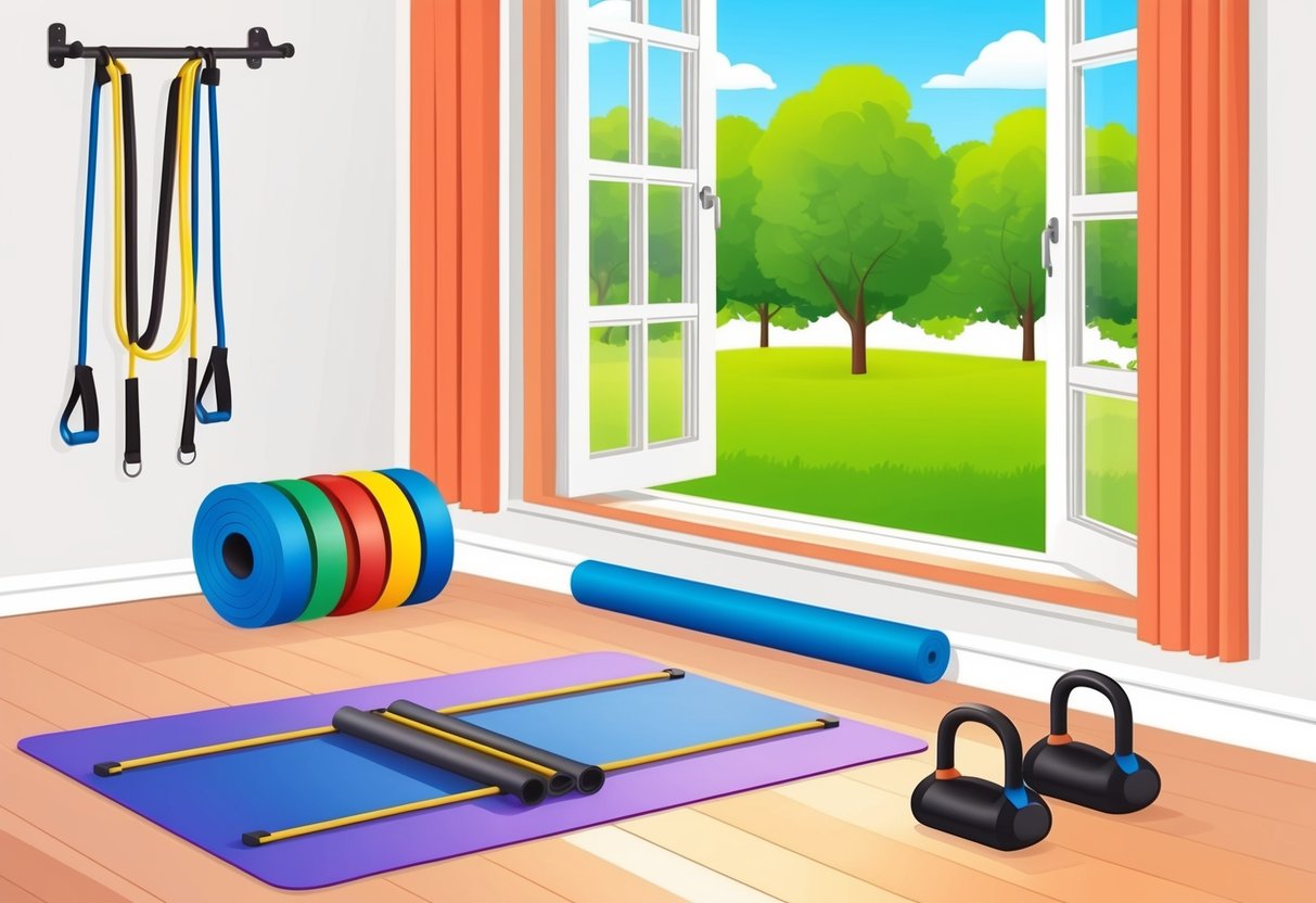 A bright room with a yoga mat, resistance bands, and a pull-up bar. An open window shows a green park