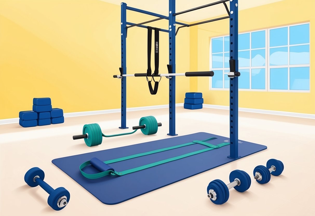 A bright, open space with a yoga mat, resistance bands, a pull-up bar, and a set of adjustable dumbbells