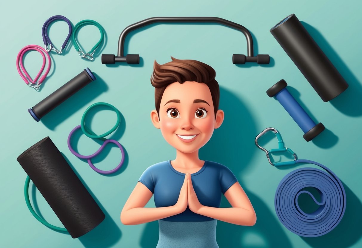A person surrounded by various calisthenic equipment options, such as resistance bands, a pull-up bar, and a yoga mat, with a curious expression on their face