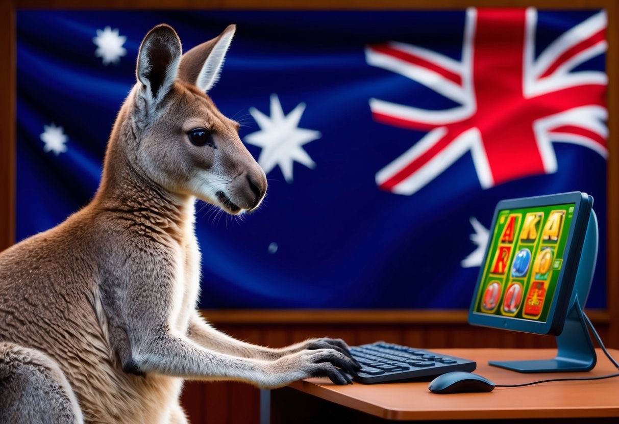 A kangaroo playing online slots in front of a computer with an Australian flag in the background