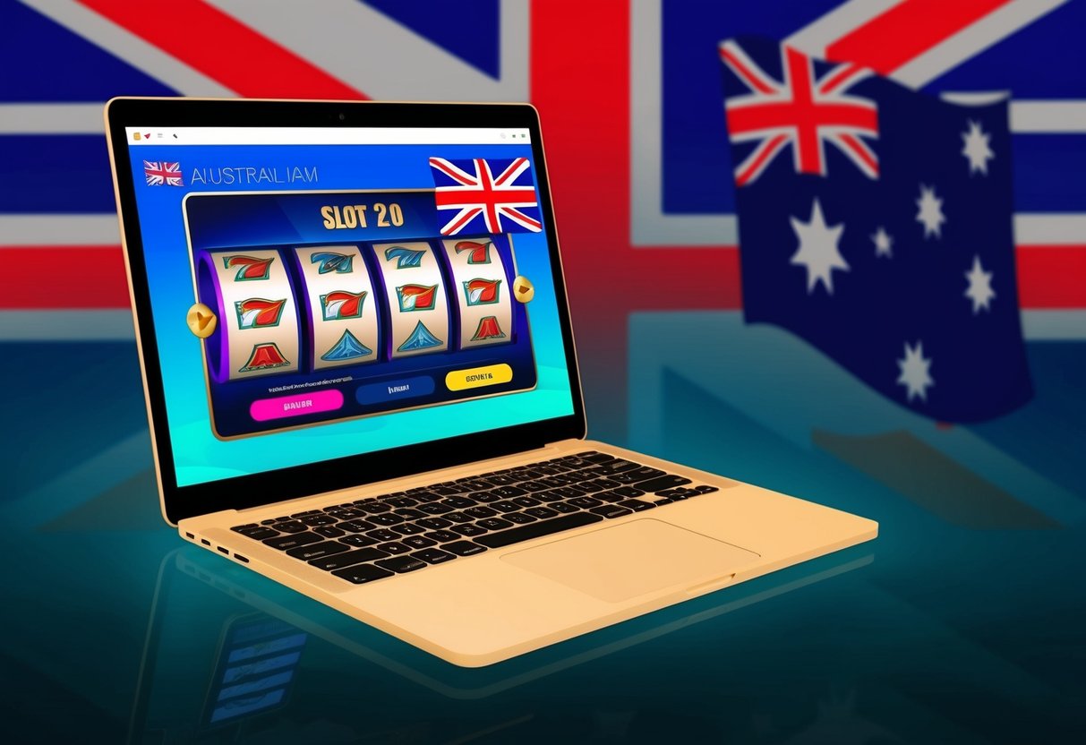 A laptop displaying an online slot game, with an Australian flag in the background