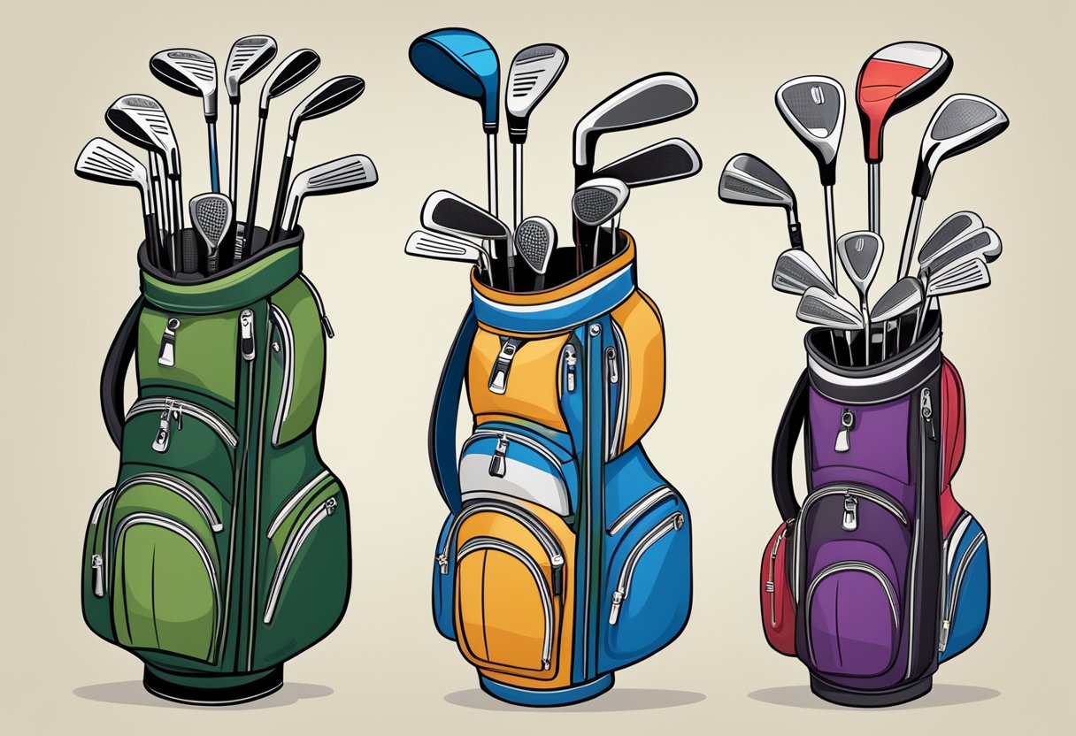 A golf bag open with various types of clubs arranged neatly inside