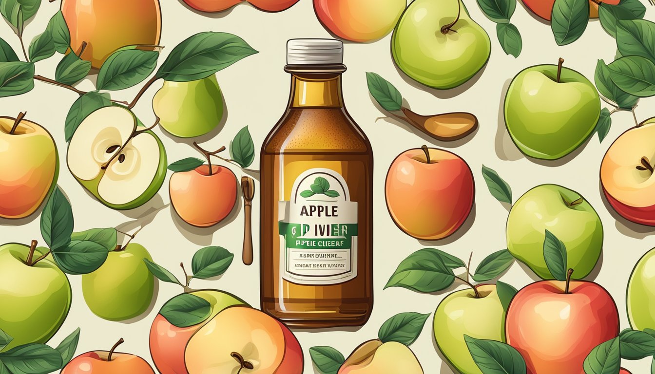 A bottle of apple cider vinegar surrounded by fresh apples and a measuring spoon