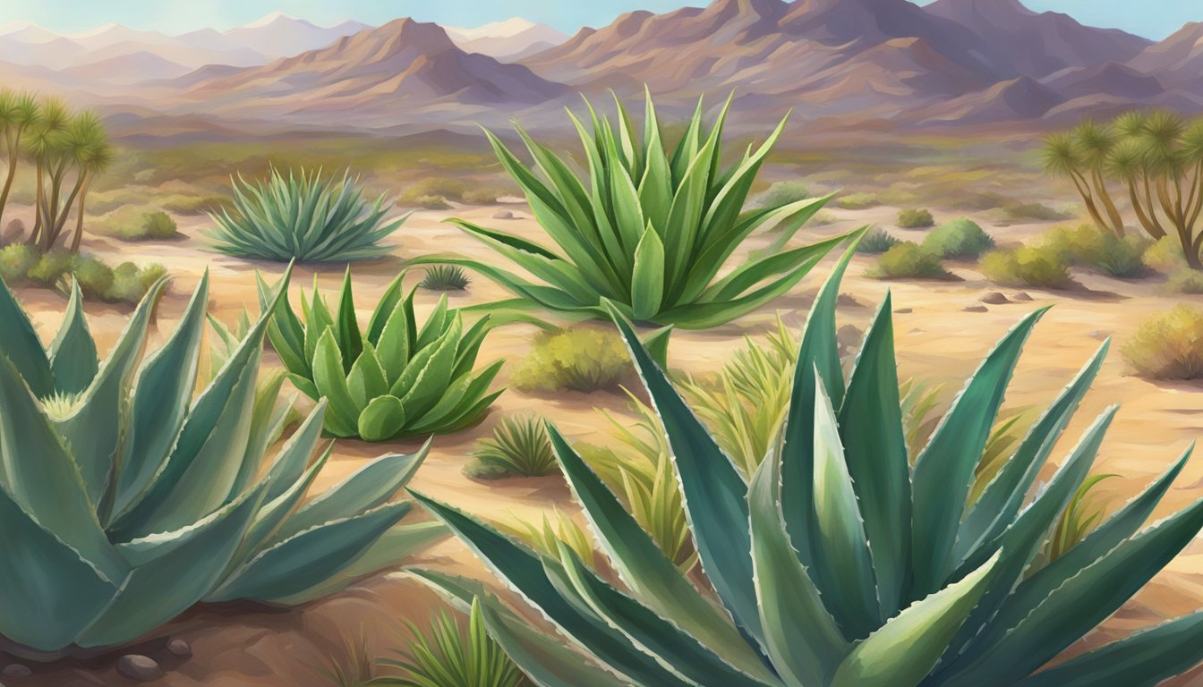 A lush aloe vera plant thrives in a sunlit, arid desert landscape, surrounded by other resilient flora