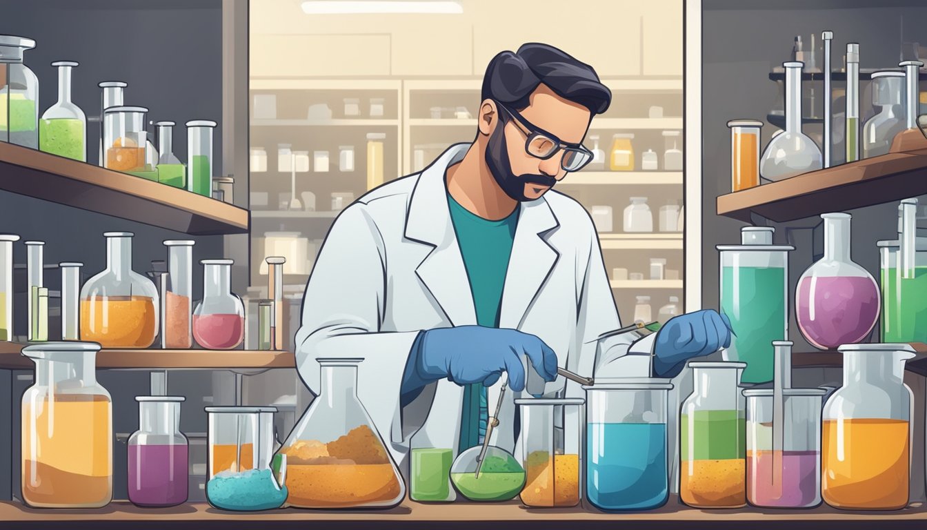 A laboratory filled with beakers, test tubes, and scientific equipment, with a scientist carefully measuring and mixing ashwagandha extract for a clinical study