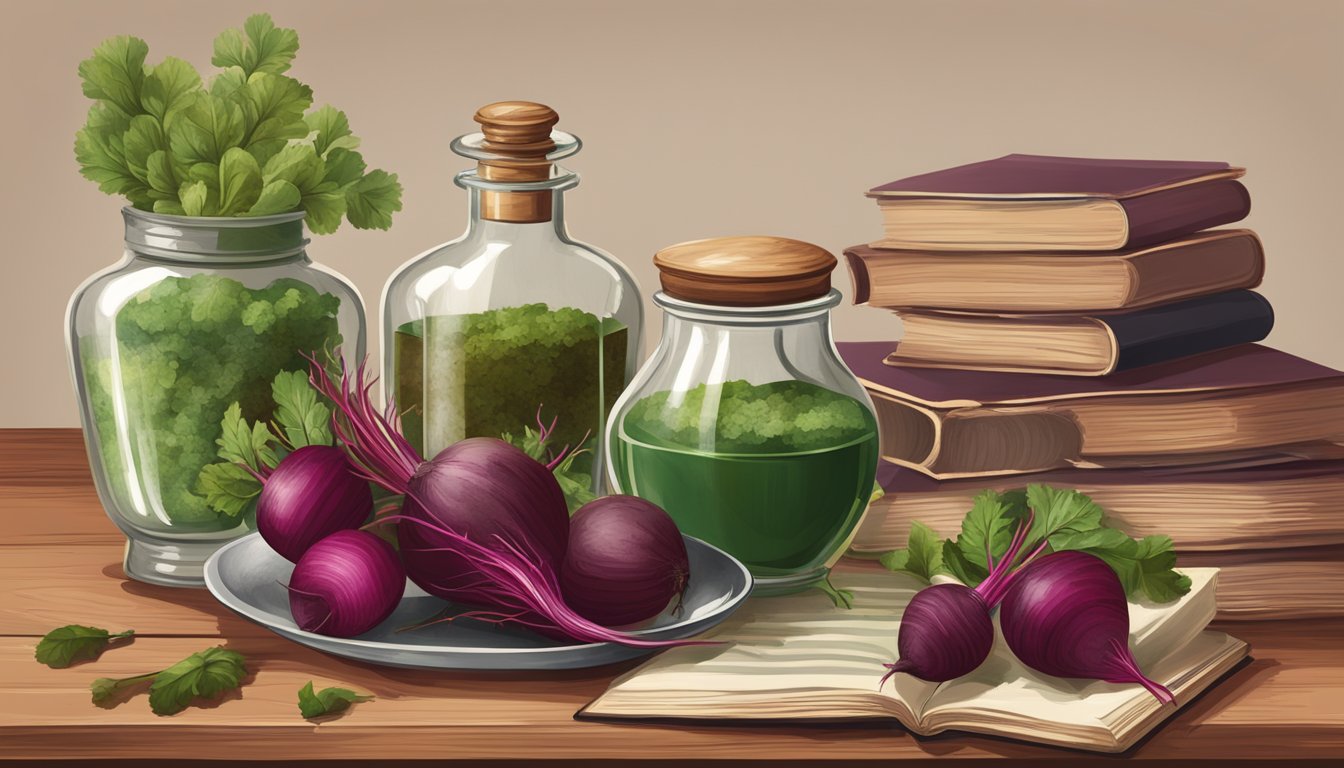 A vintage apothecary table with jars of beetroot extract, mortar and pestle, and a book on herbal medicine