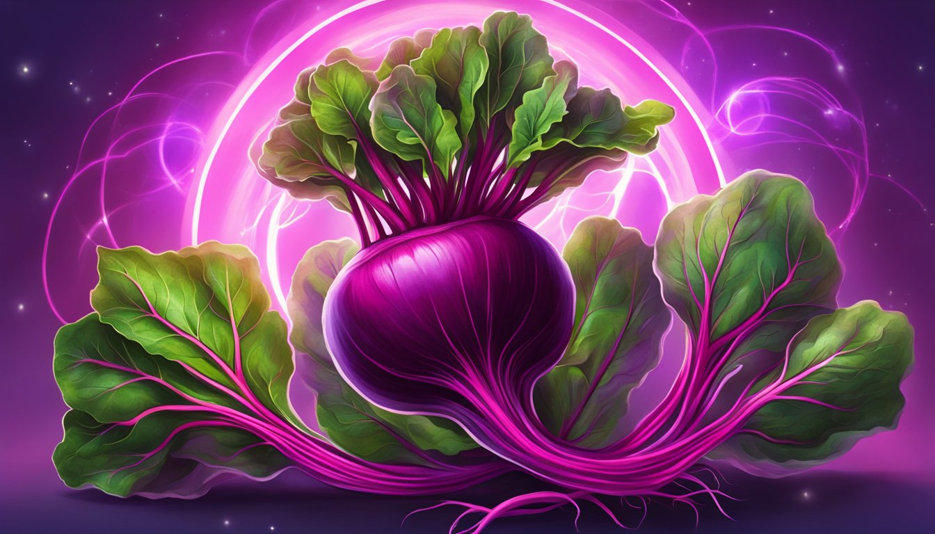 A beetroot with vibrant purple skin and leafy green stems, surrounded by a halo of glowing energy, symbolizing its healing powers