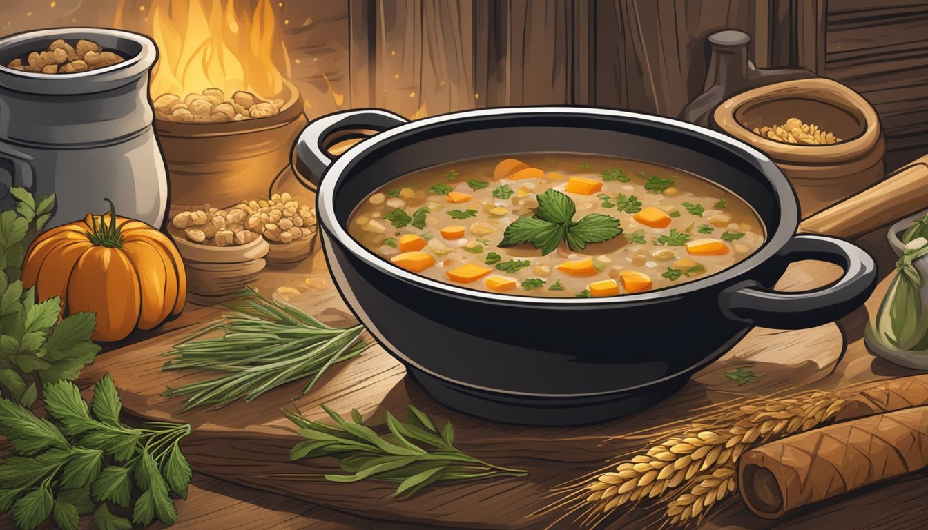 A bowl of barley soup being prepared over a crackling fire in a rustic kitchen, with various herbs and spices scattered around the scene