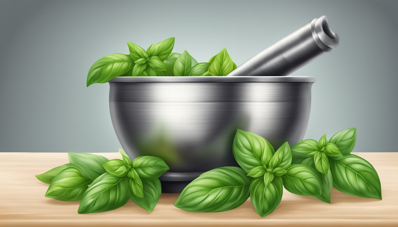 A vibrant bunch of fresh basil leaves being crushed with a mortar and pestle, releasing its aromatic oils and showcasing its culinary and nutritional benefits