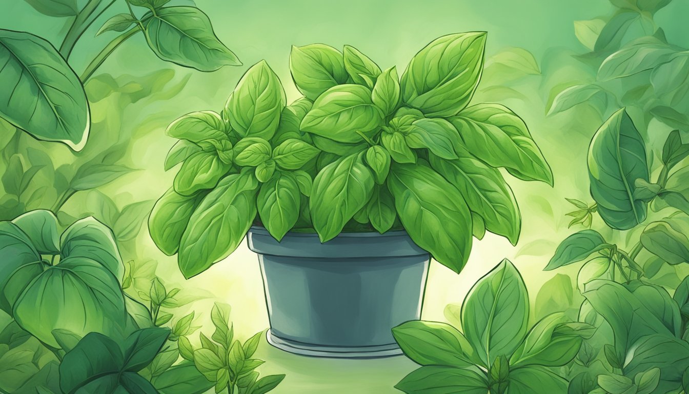 A basil plant surrounded by various herbs and plants, emitting a soft, green glow