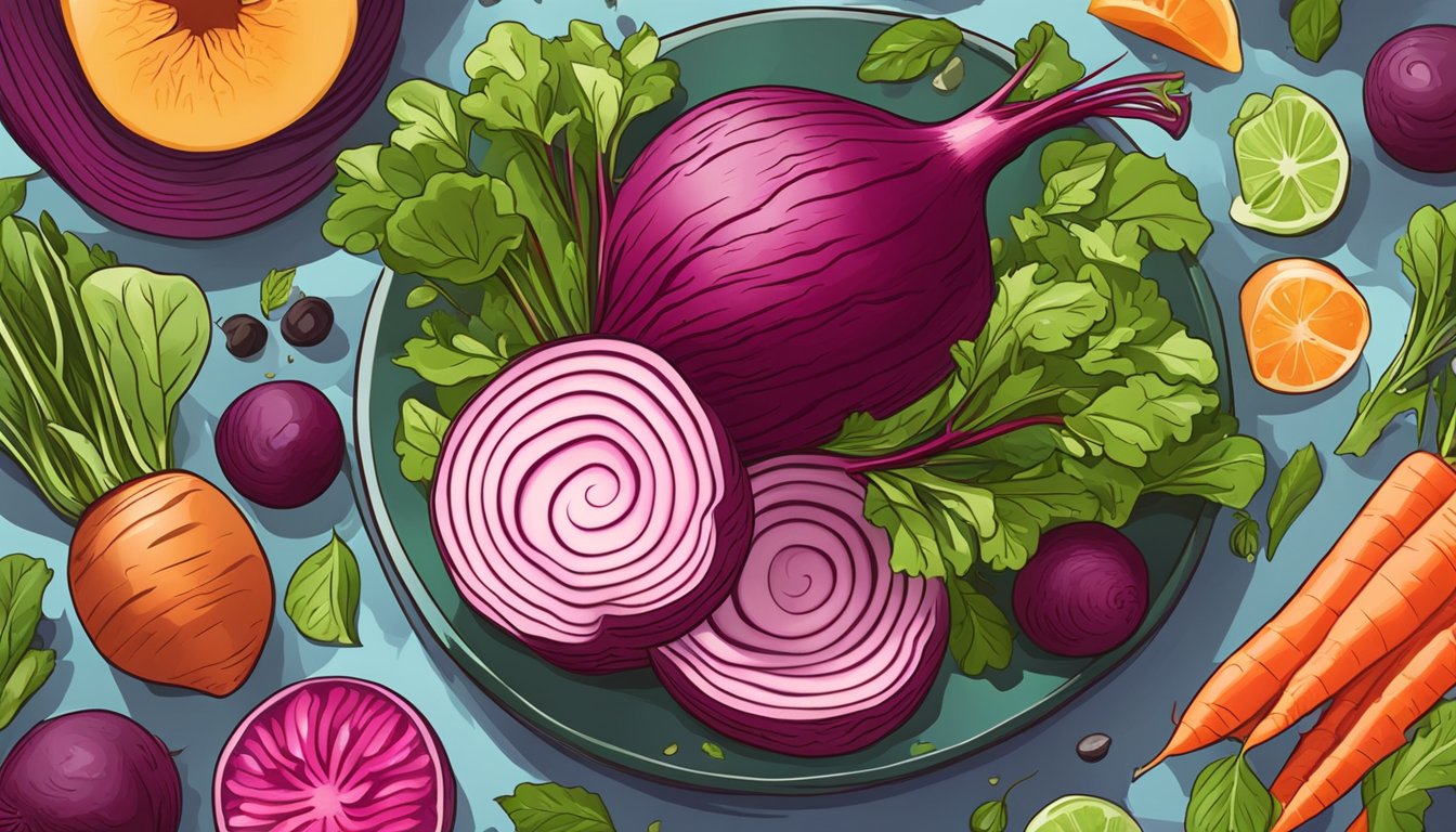 A vibrant beetroot being sliced and added to a colorful salad, surrounded by fresh vegetables and herbs