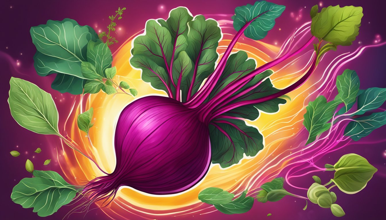 A vibrant beetroot surrounded by swirling energy, radiating healing effects, with various other plants and herbs nearby