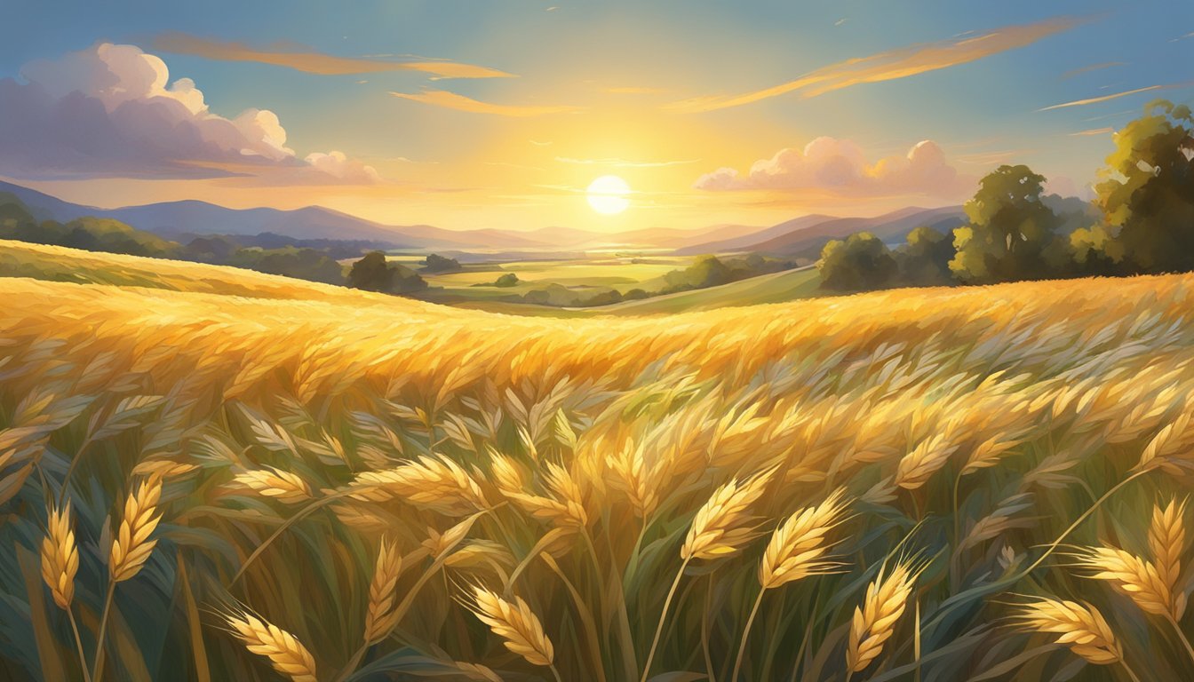 A field of golden barley sways in the breeze, surrounded by vibrant wildflowers. The sun casts a warm glow over the scene, highlighting the healing powers of the barley