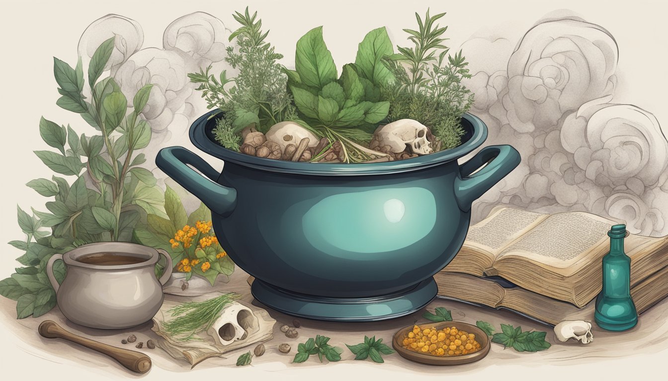 A simmering pot of bones and herbs, steam rising, surrounded by ancient texts and healing herbs