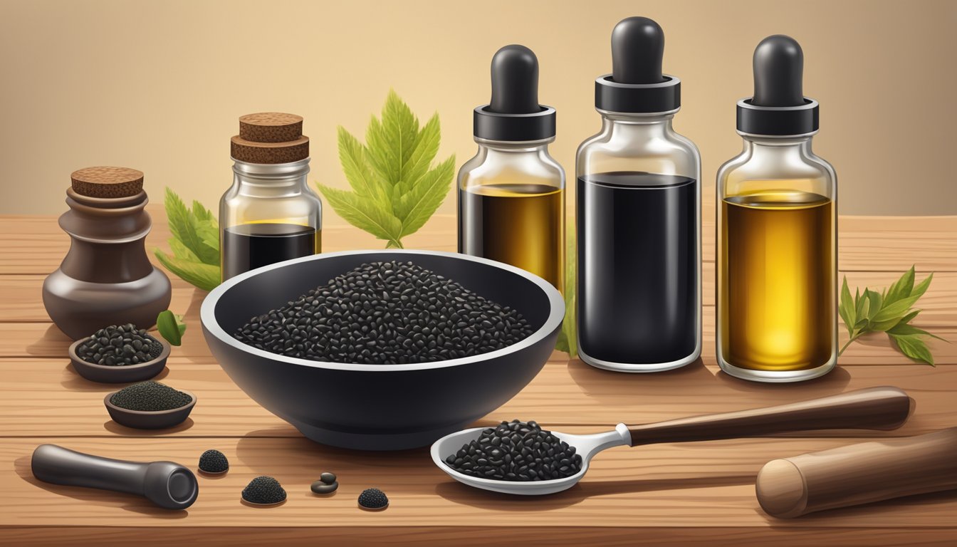 A small glass bottle of black seed oil sits on a wooden table, surrounded by various droppers, capsules, and a mortar and pestle