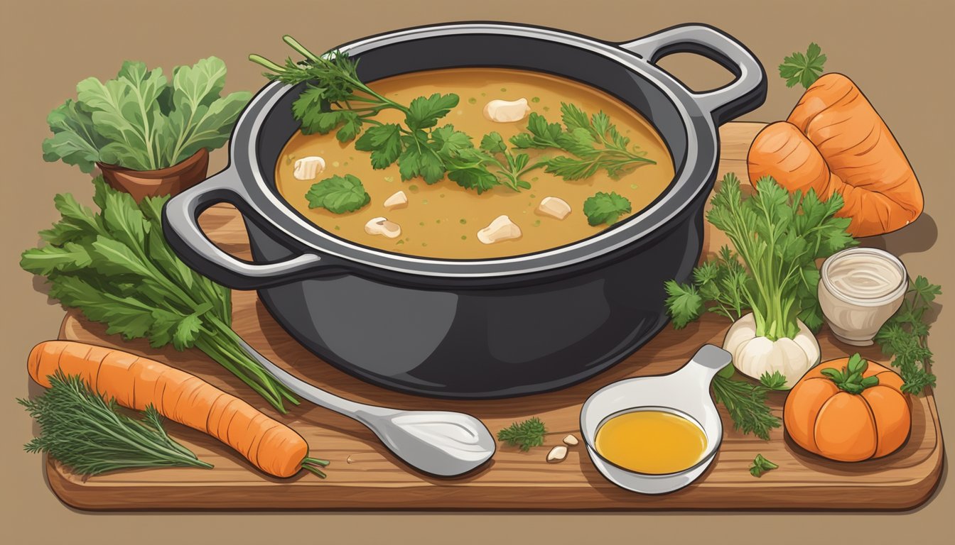 A simmering pot of bone broth surrounded by fresh herbs and vegetables on a wooden cutting board