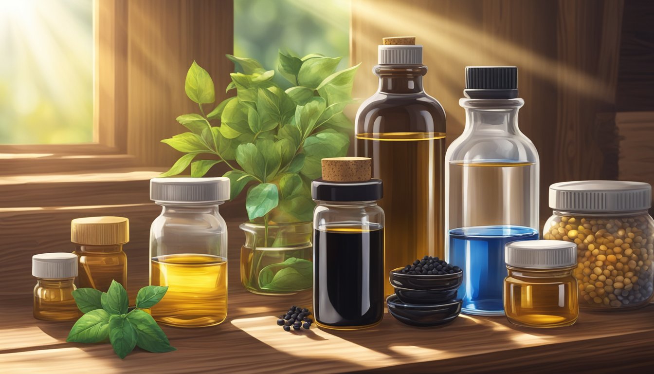 A bottle of black seed oil sits on a wooden table, surrounded by various medications and supplements. Rays of sunlight illuminate the scene, highlighting the healing powers of the oil