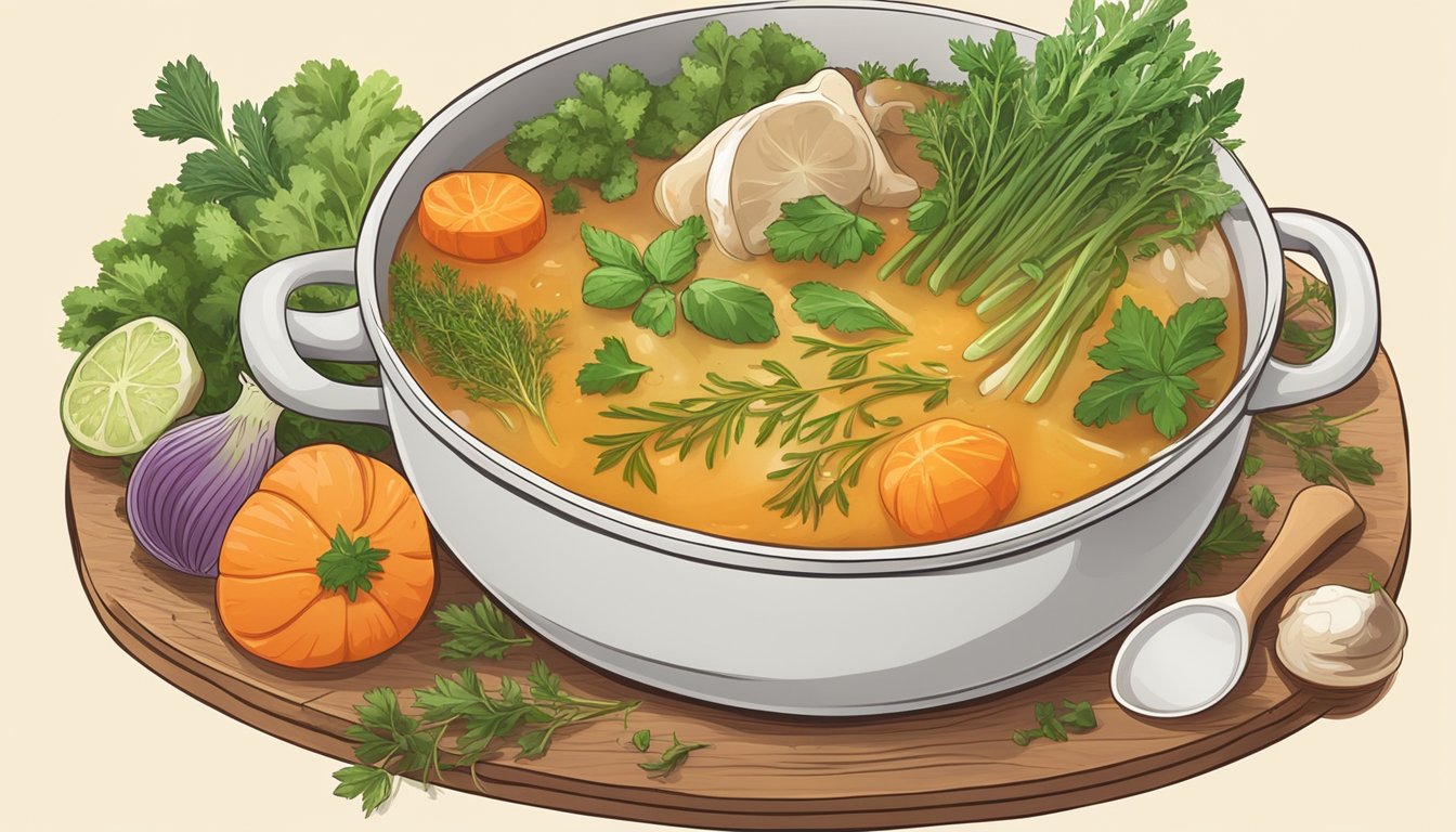 A pot of simmering bone broth surrounded by fresh herbs and vegetables on a wooden cutting board