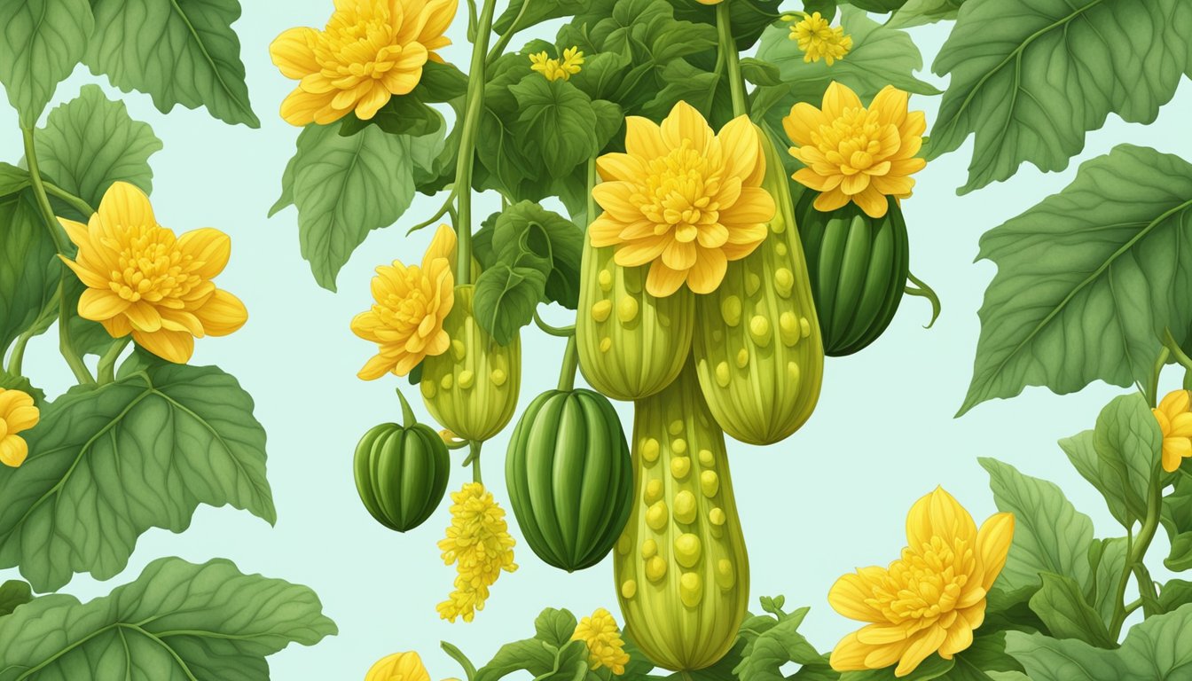 A vibrant bitter melon plant with ripe fruit hanging from the vines, surrounded by lush green leaves and bright yellow flowers