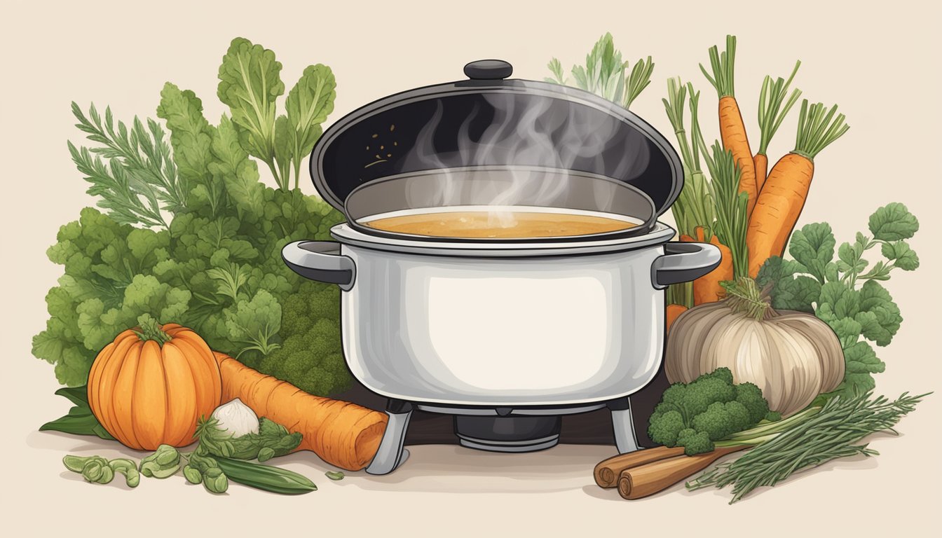 A steaming pot of bone broth sits on a stove, surrounded by herbs and vegetables. A warm, comforting glow emanates from the pot, evoking feelings of healing and nourishment