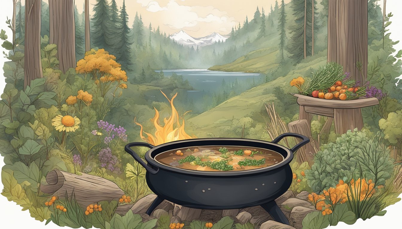 A serene forest clearing with a bubbling cauldron of bone broth over an open fire, surrounded by an abundance of foraged herbs and vegetables